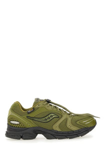 Olive green saucony men’s progrid triumph sneaker with mesh and synthetic overlays and black rubber sole