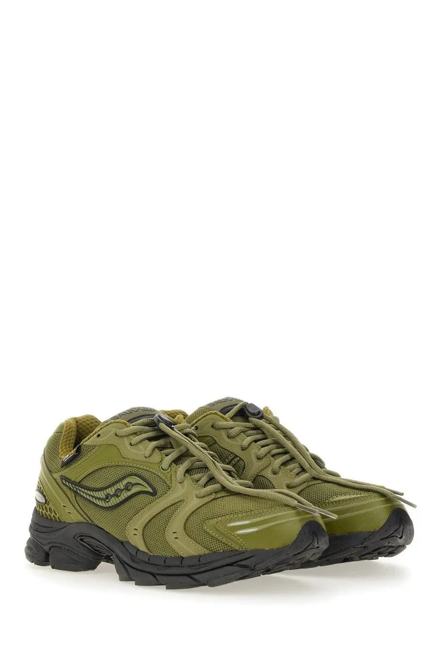Olive green saucony men’s progrid triumph sneaker with black rubber sole and mesh upper for running