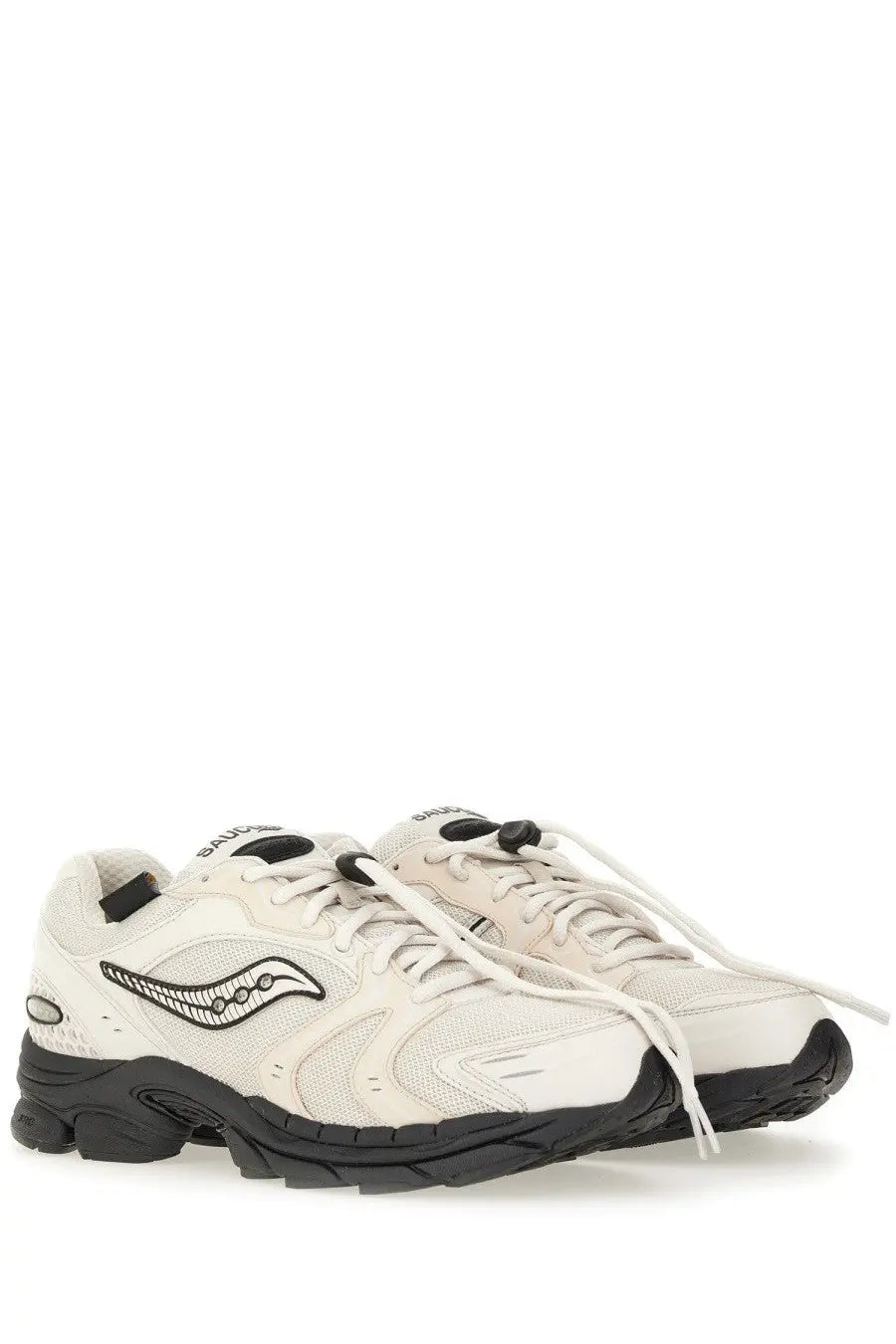 Saucony men’s Progrid Triumph sneaker white with cream-colored mesh upper and black accents for running use