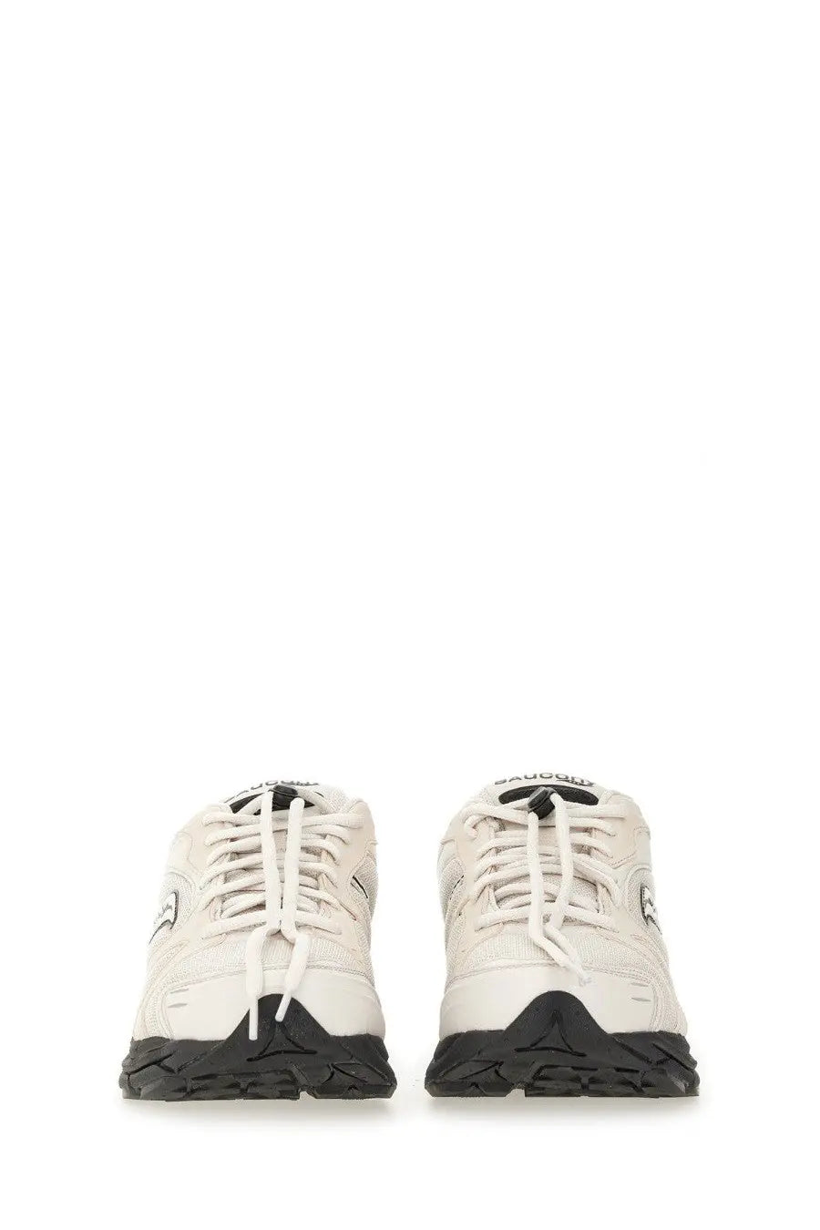 Saucony men’s Progrid Triumph sneaker in cream with textured upper black rubber soles and laces