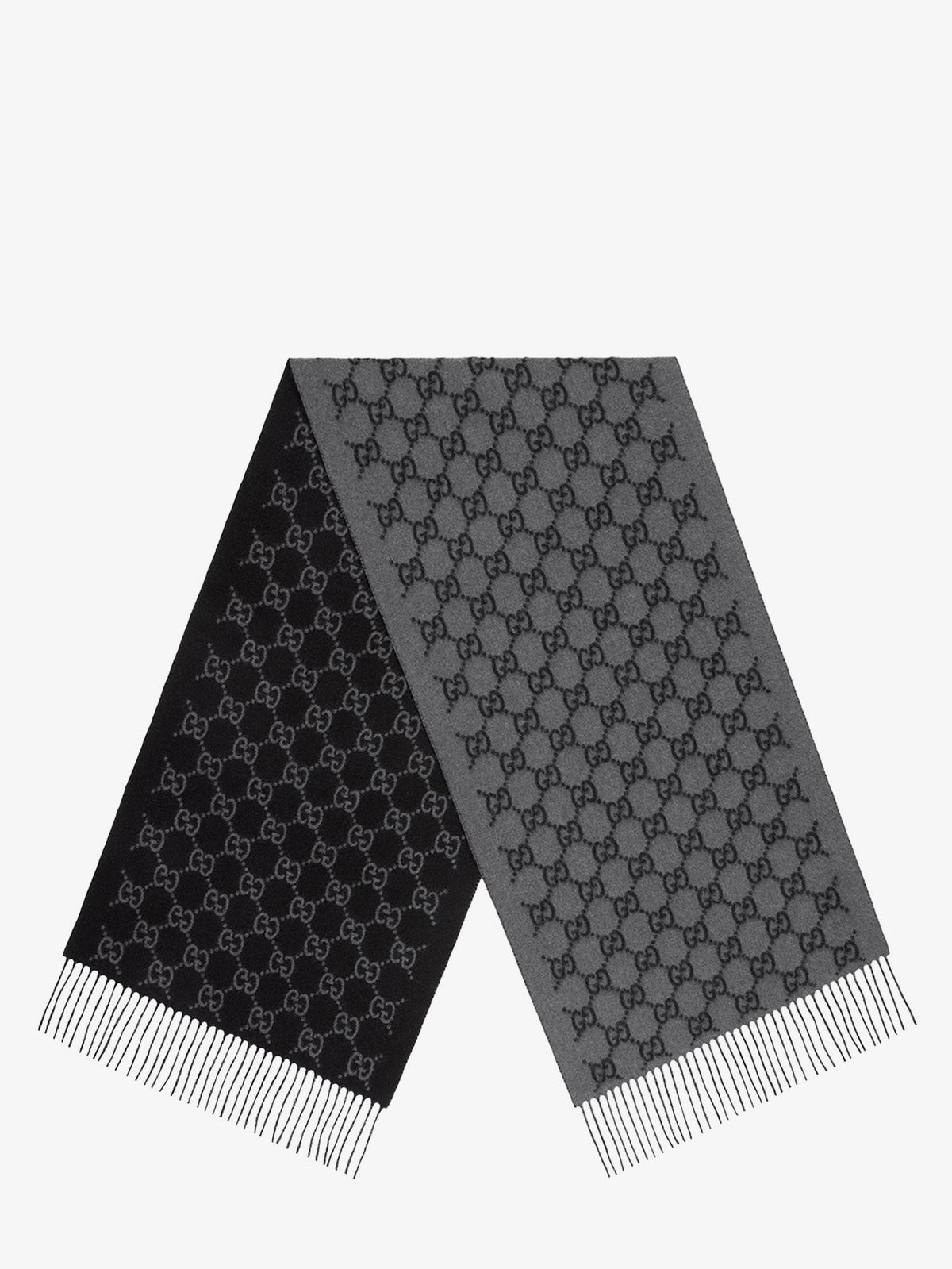 Gucci Men's Sciarpa Realizzata in Jacquard Di Cashmere GG Impreziosita Da Finiture Con Frange Black