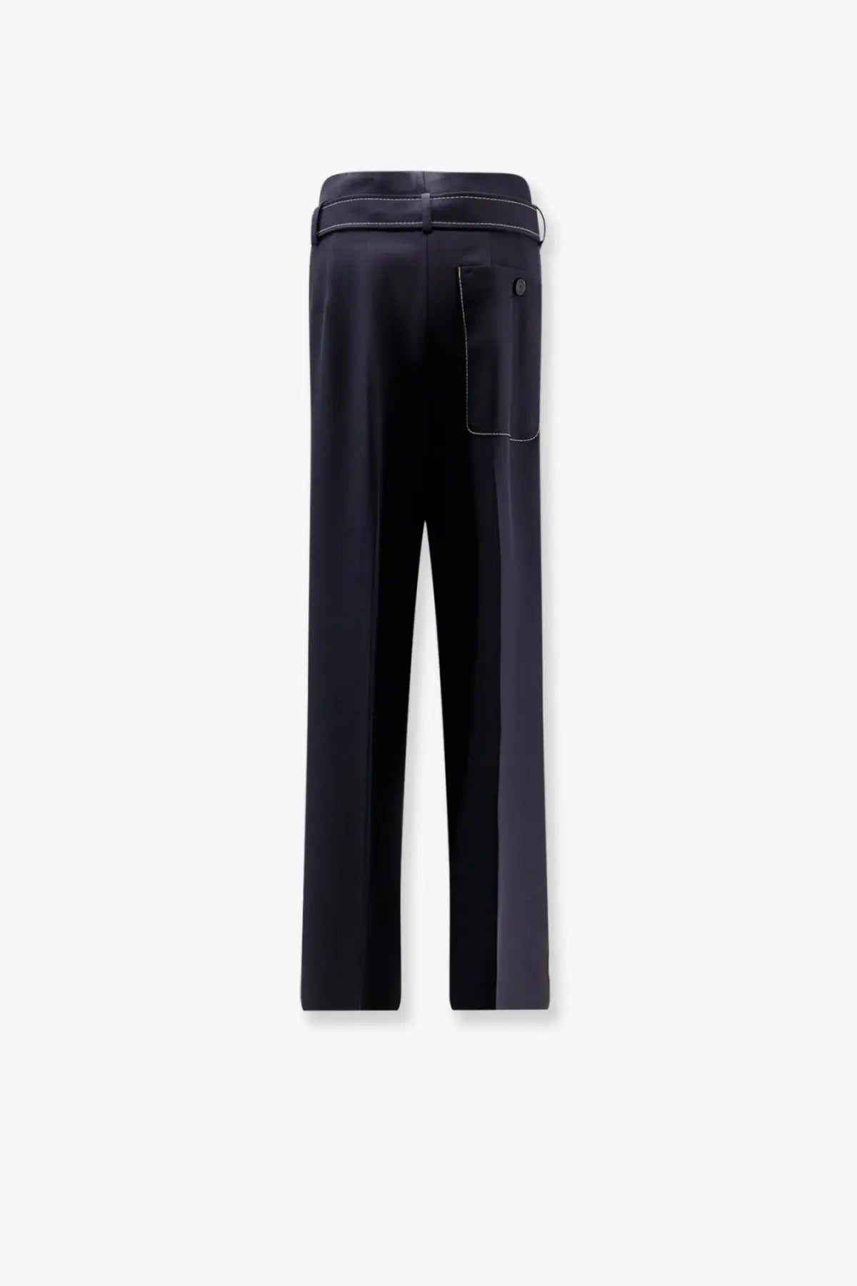 Black tapered seafarer womens irony virgin wool trousers with subtle two tone side seam and matching belt