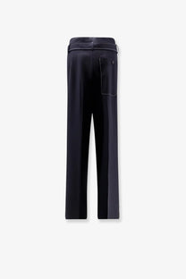 Black tapered seafarer womens irony virgin wool trousers with subtle two tone side seam and matching belt