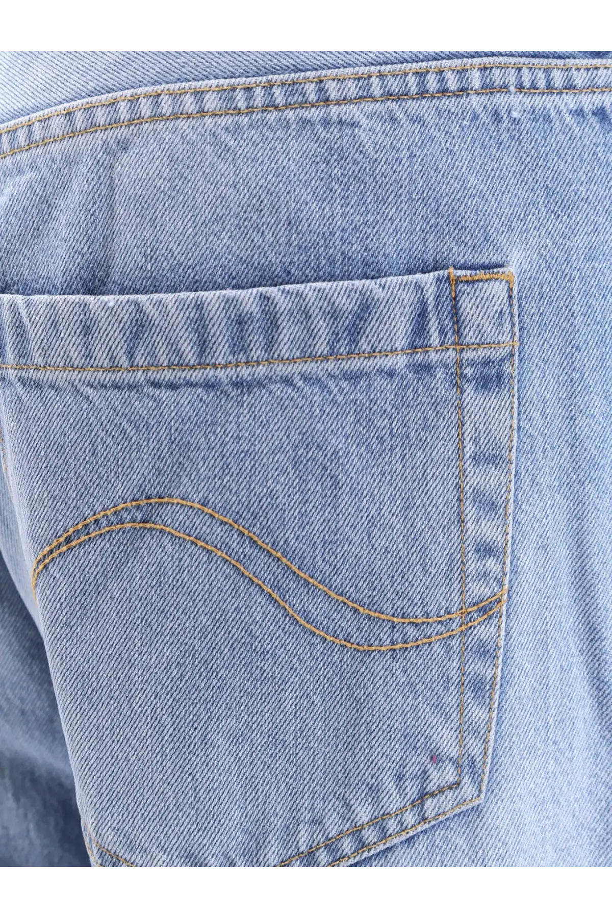 Seafarer women’s smin cotton jeans blue light-wash denim back pocket with curved stitching and tan thread detail
