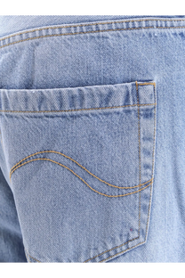 Seafarer women’s smin cotton jeans blue light-wash denim back pocket with curved stitching and tan thread detail