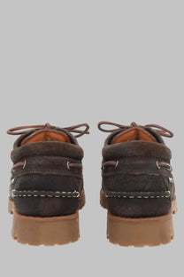 Sebago men’s mocassino Acadia brown dark brown suede boat shoes with tan rubber soles and white stitching