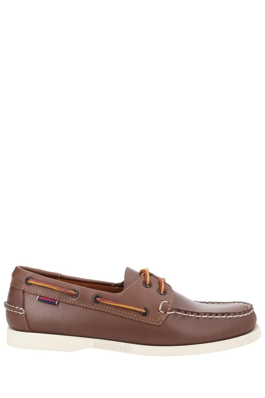 Sebago men’s mocassino docksides brown leather boat shoe with tan laces and white stitching
