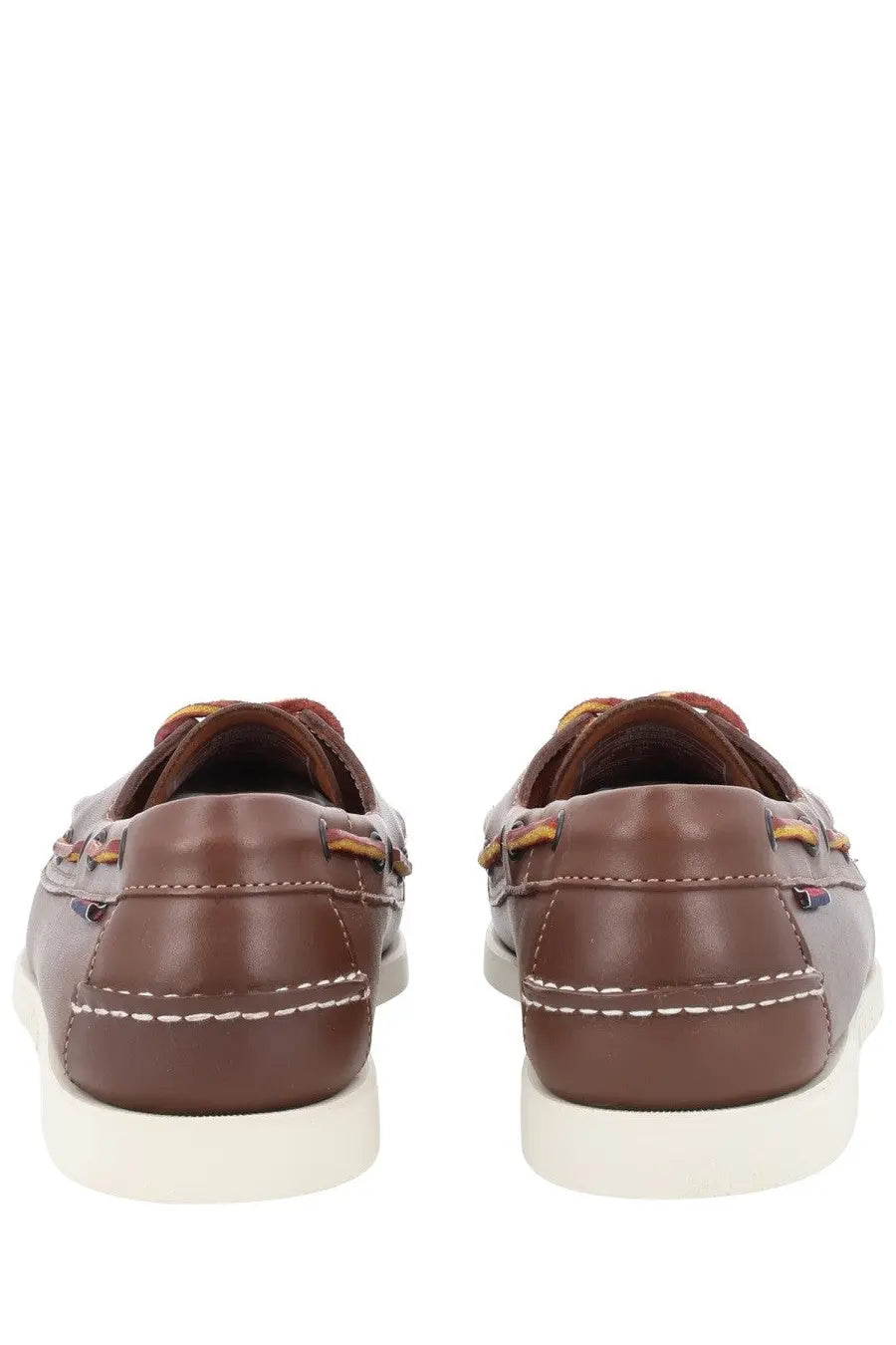 Sebago men’s mocassino docksides Portland brown leather boat shoes with white stitching and multicolored laces