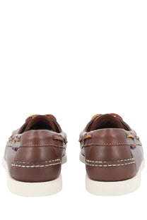 Sebago men’s mocassino docksides Portland brown leather boat shoes with white stitching and multicolored laces