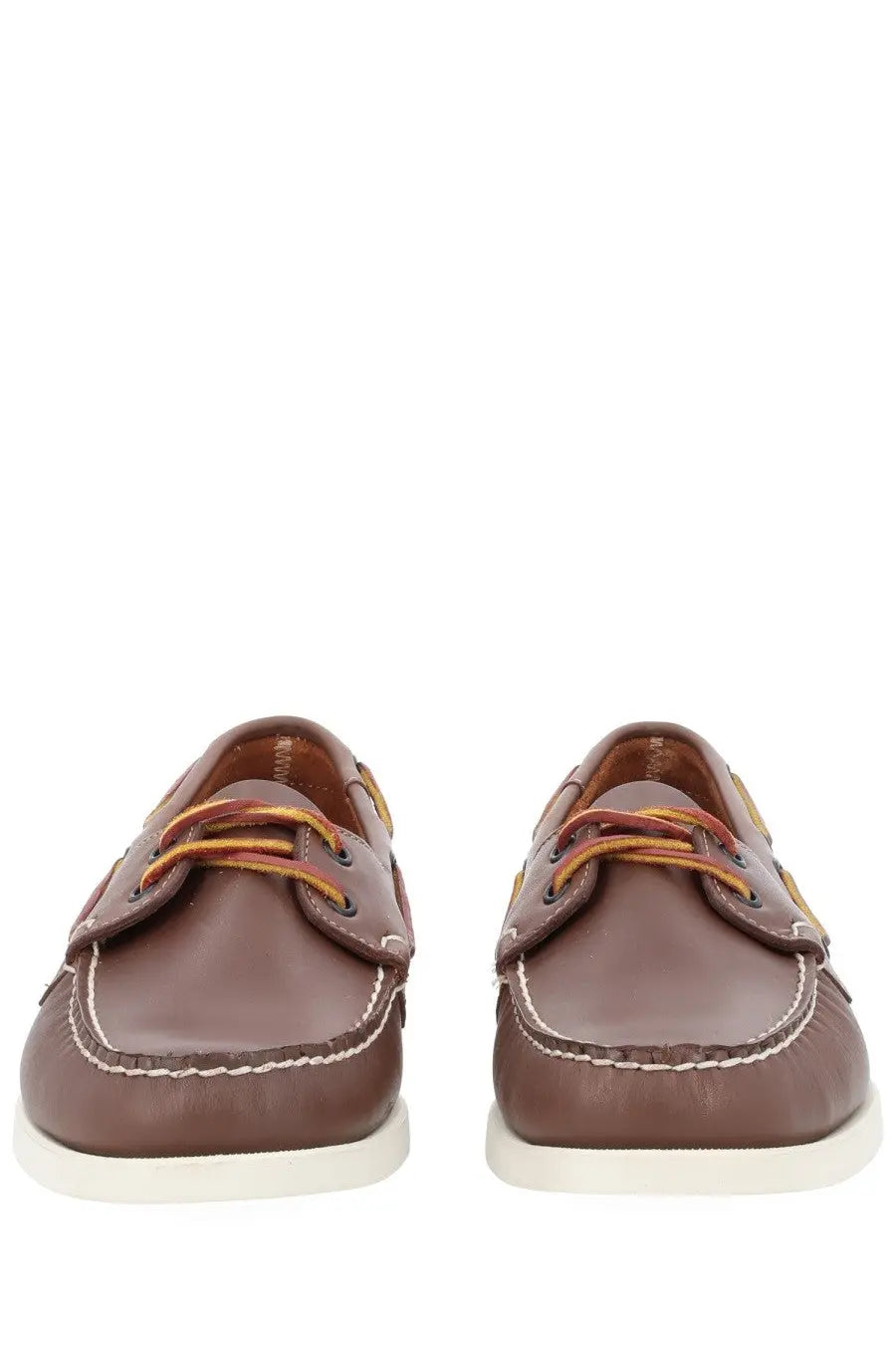 Sebago men’s mocassino docksides boat shoes in brown leather with white stitching and multicolored laces