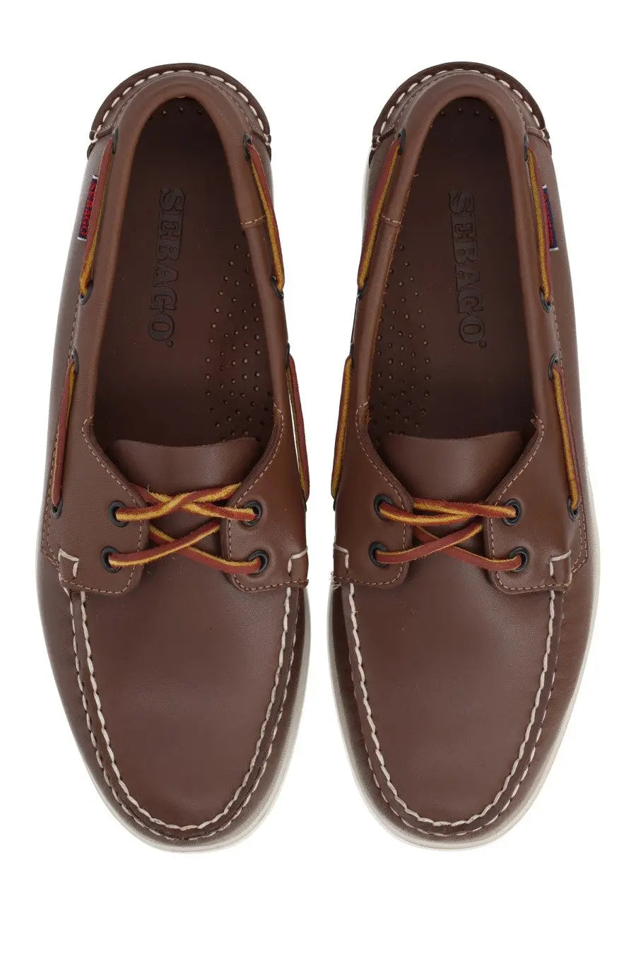 Sebago men’s mocassino docksides brown leather boat shoes with tan laces and white stitching