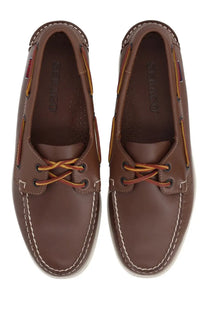 Sebago men’s mocassino docksides brown leather boat shoes with tan laces and white stitching