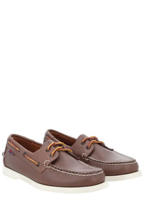 Sebago men’s mocassino docksides portland brown brown leather boat shoes with tan laces and white stitching