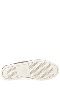 Sebago men’s mocassino docksides portland brown with white rubber sole and wavy tread pattern featuring embossed logo