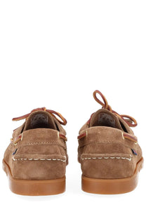 Sebago men’s mocassino Portland artisan brown suede boat shoes with tan laces and white stitching