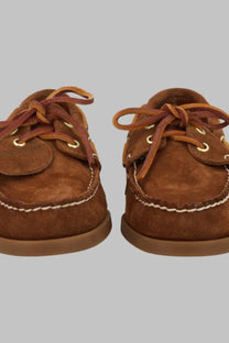 Sebago men’s mocassino portland artisan brown brown suede boat shoes with tan laces and white stitching