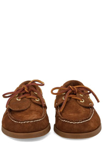 Sebago men’s mocassino portland artisan brown suede boat shoes with tan laces and white stitching