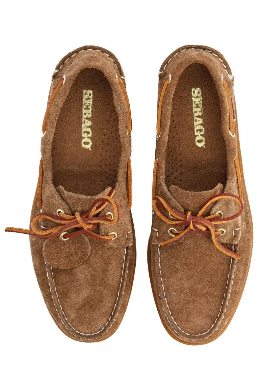 Sebago men’s mocassino Portland artisan brown suede boat shoes with tan laces and white stitching in classic nautical design