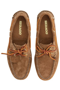 Sebago men’s mocassino Portland artisan brown suede boat shoes with tan laces and white stitching in classic nautical design