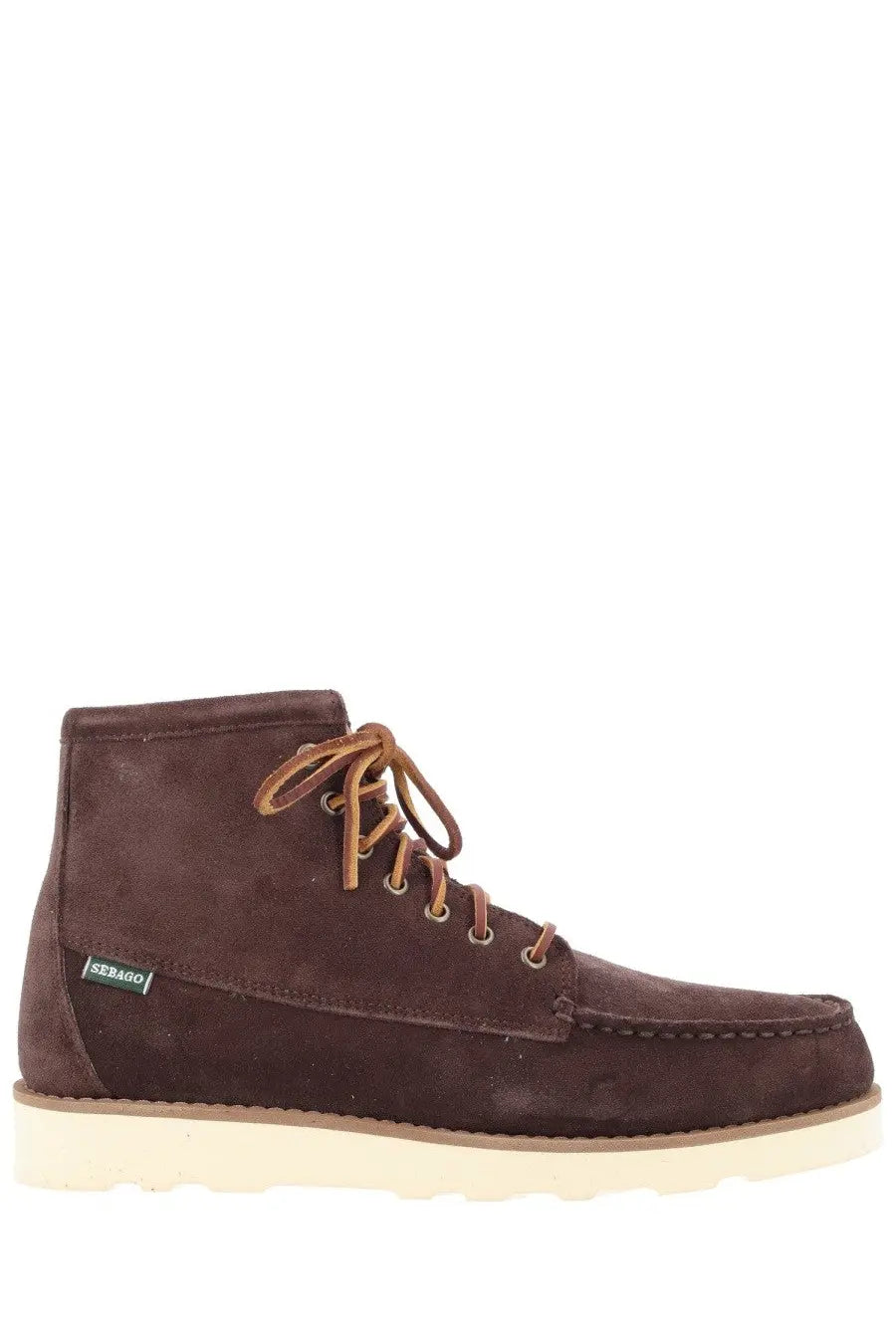 Sebago men’s stivale tala brown brown suede high-top boot with tan laces and cream rubber sole front view