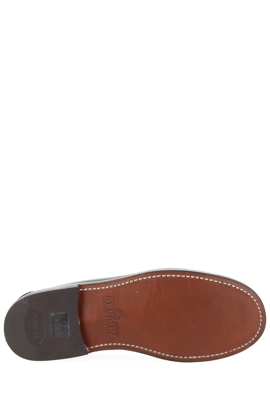 Brown leather sole with white stitching and dark rubber heel of sebago womens mocassino classic dan black shoe back view
