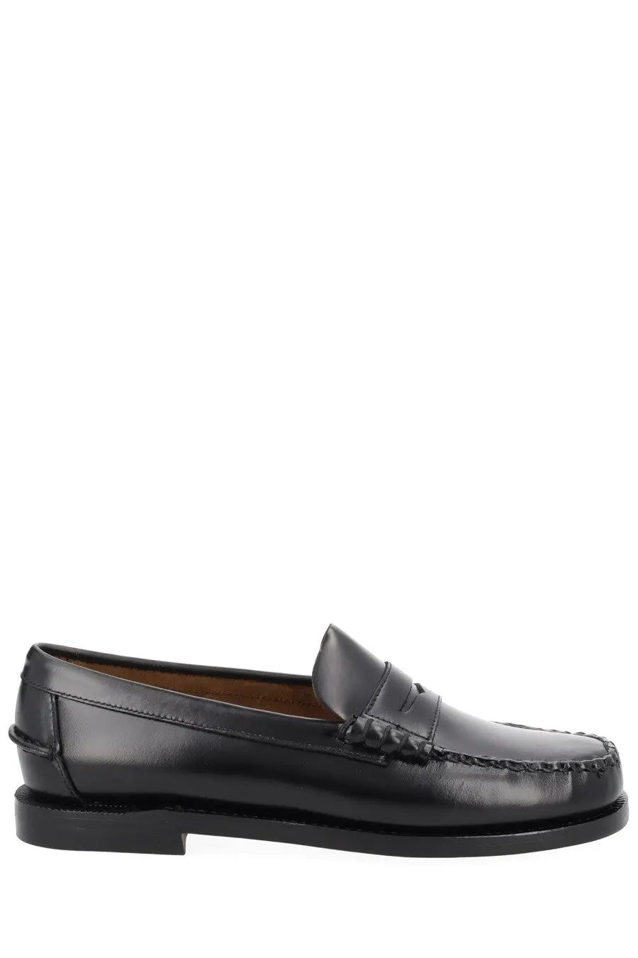 Sebago women’s mocassino classic dan black black leather penny loafer with polished finish and stitched detailing