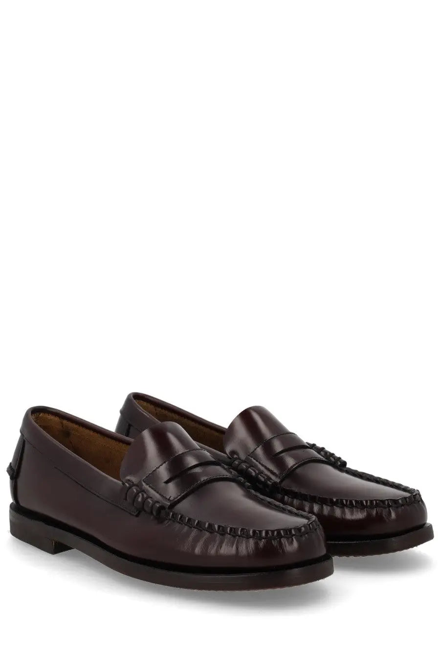 Sebago women’s mocassino classic dan brown burgundy leather loafers with polished finish and decorative toe stitching