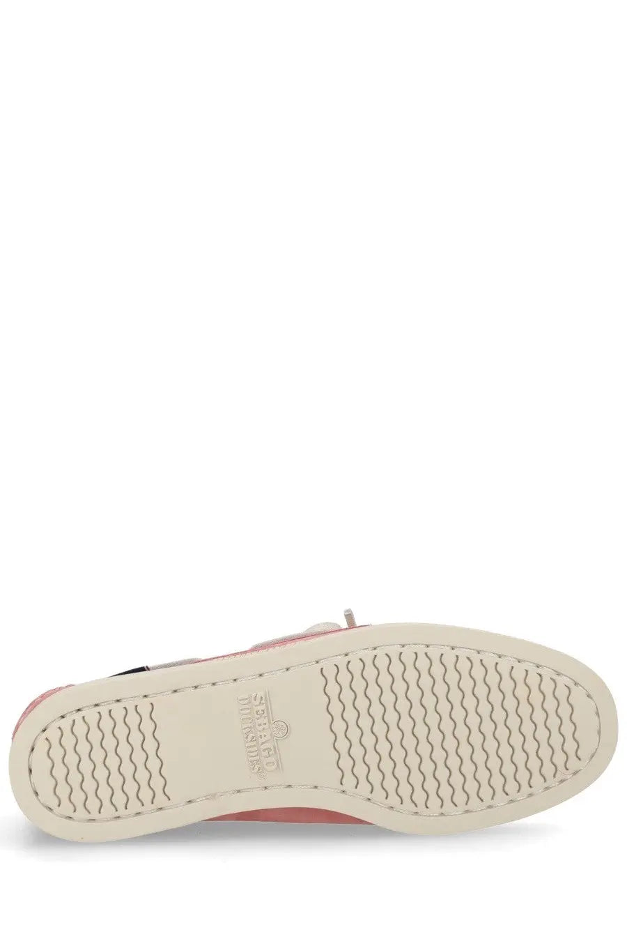 Sebago women’s mocassino docksides boat shoe in pink and black canvas with white rubber sole and wavy tread pattern