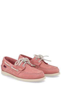 Pink suede boat shoes with white laces and stitching from sebago womens mocassino docksides collection