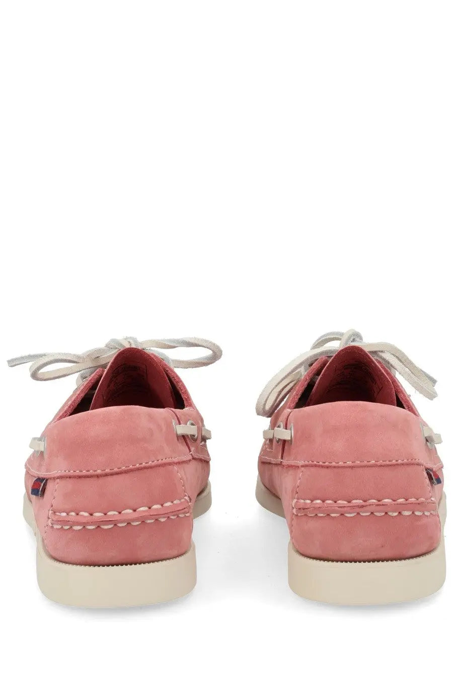 Sebago women’s mocassino docksides pink suede boat shoes with white laces and stitching