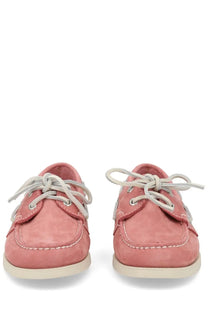 Sebago women’s mocassino docksides boat shoes in pink suede with light gray laces and white stitching