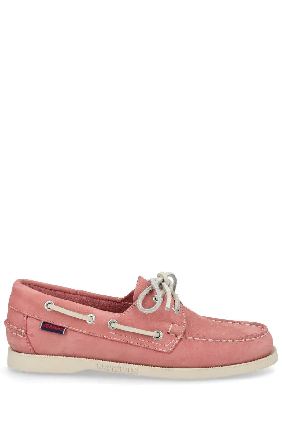 Pink suede boat shoe with white laces and silver eyelets from sebago womens mocassino docksides portland blue