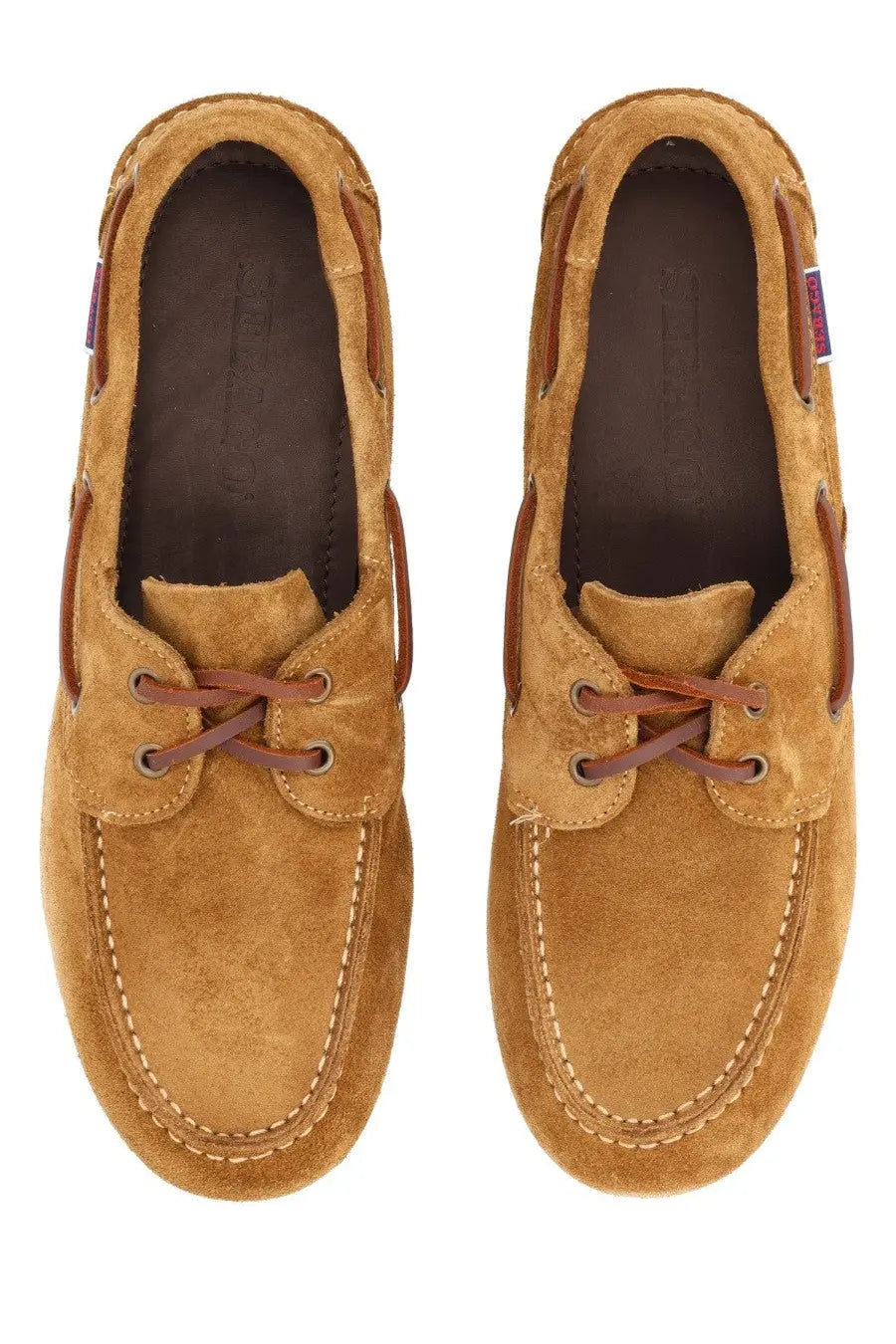 Sebago women’s mocassino owen brown tan suede boat shoes with brown leather laces and detailed stitching