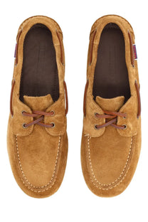 Sebago women’s mocassino owen brown tan suede boat shoes with brown leather laces and detailed stitching