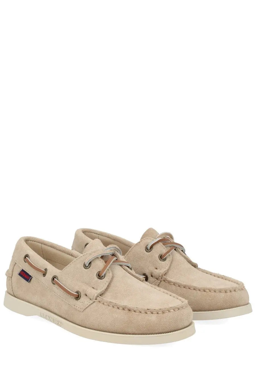 Sebago women’s mocassino Portland beige boat shoes in beige suede with tan laces and white rubber sole