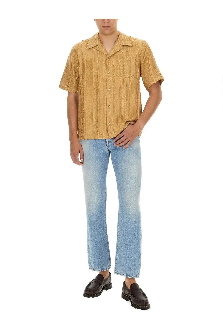 Séfr men’s mustard-yellow short-sleeved button-up shirt with vertical ribbed texture in dalian beige color