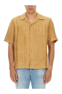 SéFr men’s shirt dalian beige mustard yellow ribbed fabric short-sleeved button-up with classic collar