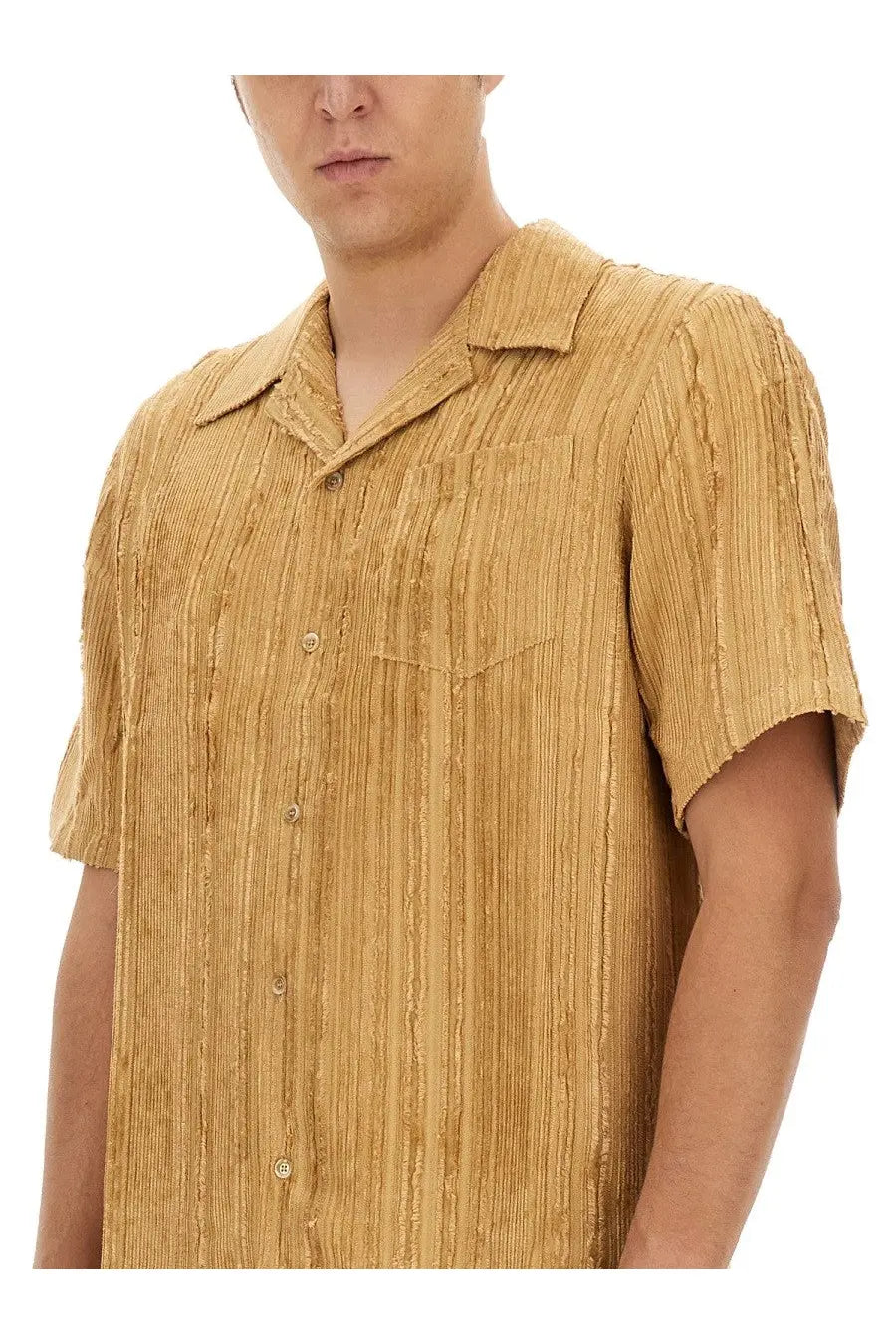 SéFr men’s shirt Dalian beige in mustard yellow with textured ribbed fabric and short sleeves with a collar