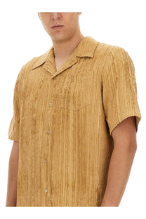 SéFr men’s shirt Dalian beige in mustard yellow with textured ribbed fabric and short sleeves with a collar