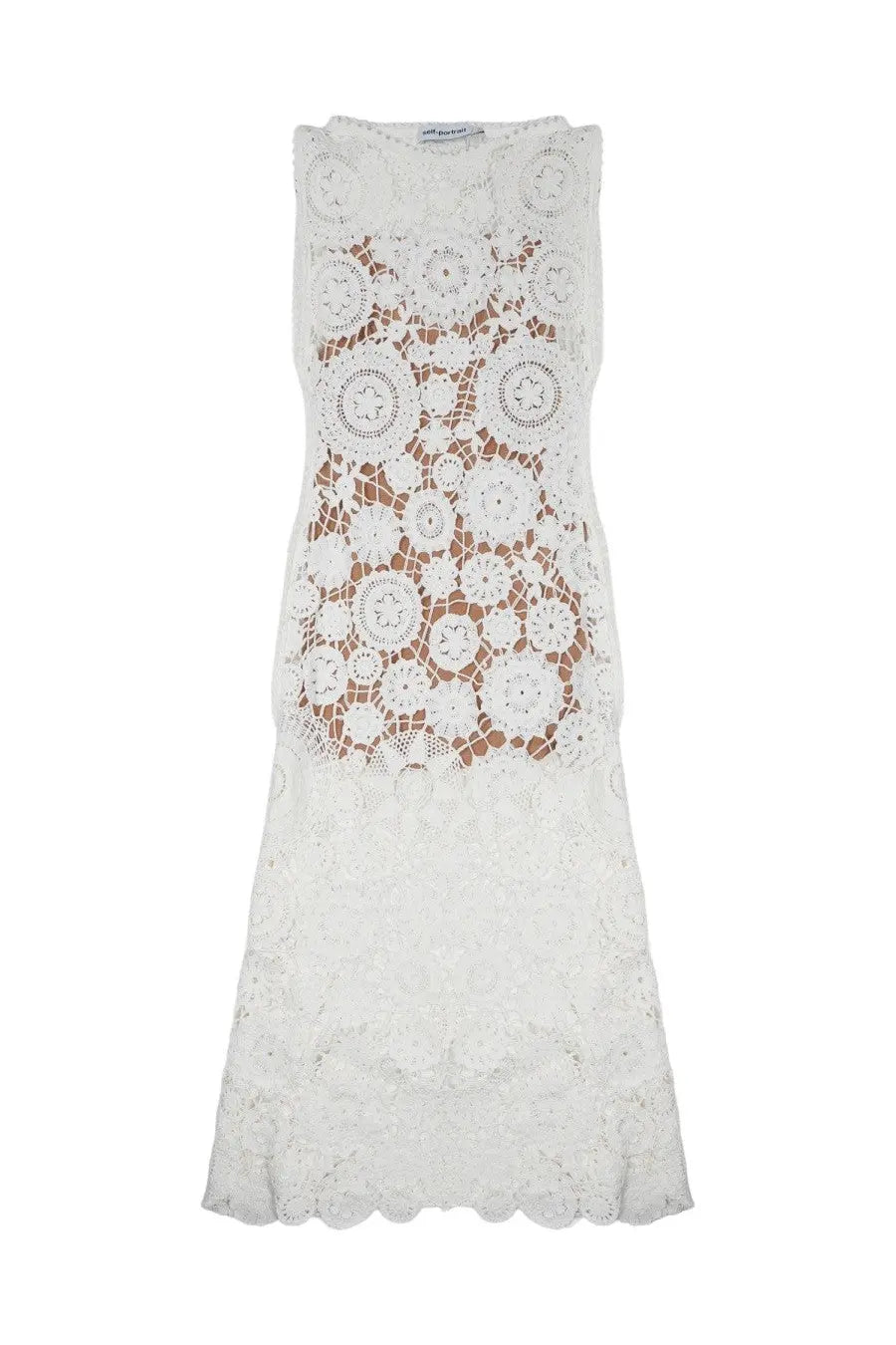 Self-portrait women’s white sleeveless lace dress with intricate circular crochet patterns and scalloped hem