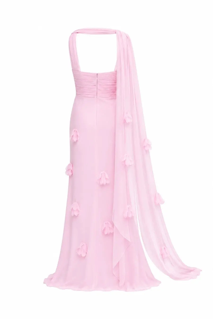 Self-portrait women’s abito in georgette con foulard blue featuring a pink chiffon gown with halter neckline and floral appliqués