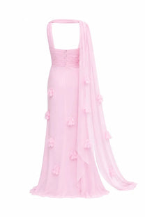 Self-portrait women’s abito in georgette con foulard blue featuring a pink chiffon gown with halter neckline and floral appliqués