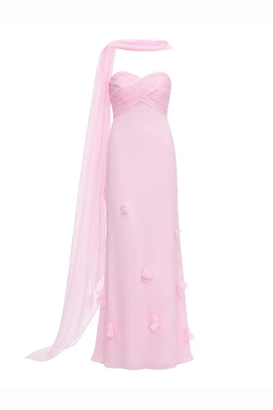 Self-portrait women’s pink chiffon gown with sweetheart neckline and floral appliqués in georgette con foulard blue collection
