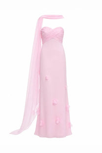 Self-portrait women’s pink chiffon gown with sweetheart neckline and floral appliqués in georgette con foulard blue collection