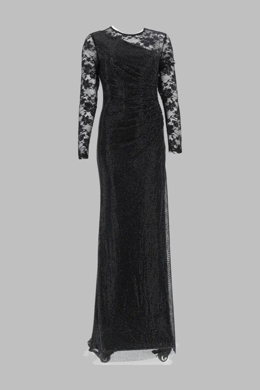 Black self-portrait women’s abito lungo con manica in pizzo evening gown with sheer lace sleeves and sequined bodice