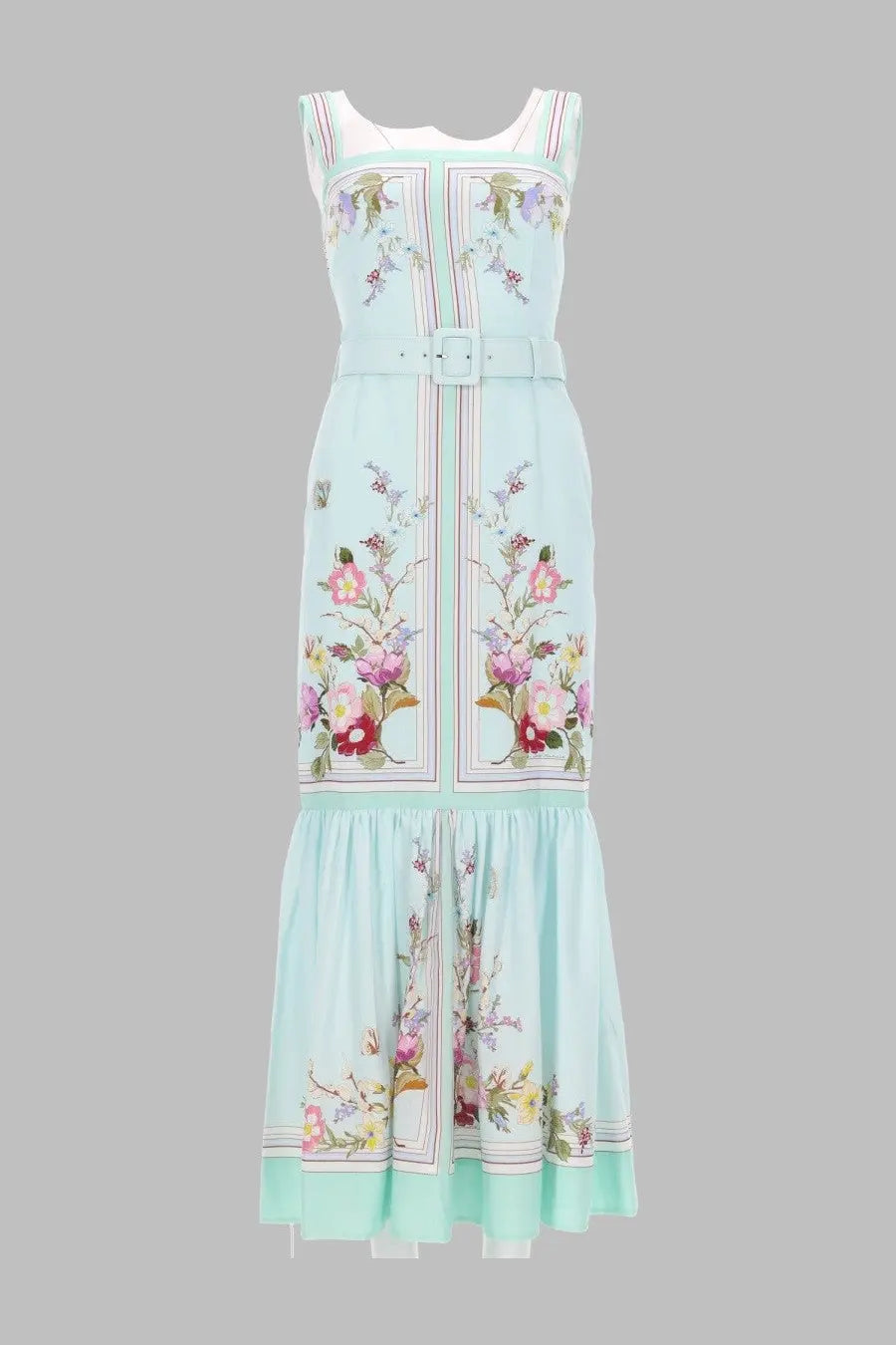 Self-portrait women’s abito midi con stampa floreale green light blue sleeveless maxi dress with pink red and yellow floral pattern