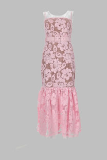 Self-portrait women’s abito midi crochet blue dress with delicate pink floral lace mermaid design and white mesh bodice