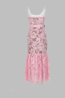 Self-portrait women’s abito midi crochet blue dress with delicate pink lace mermaid silhouette and satin belt