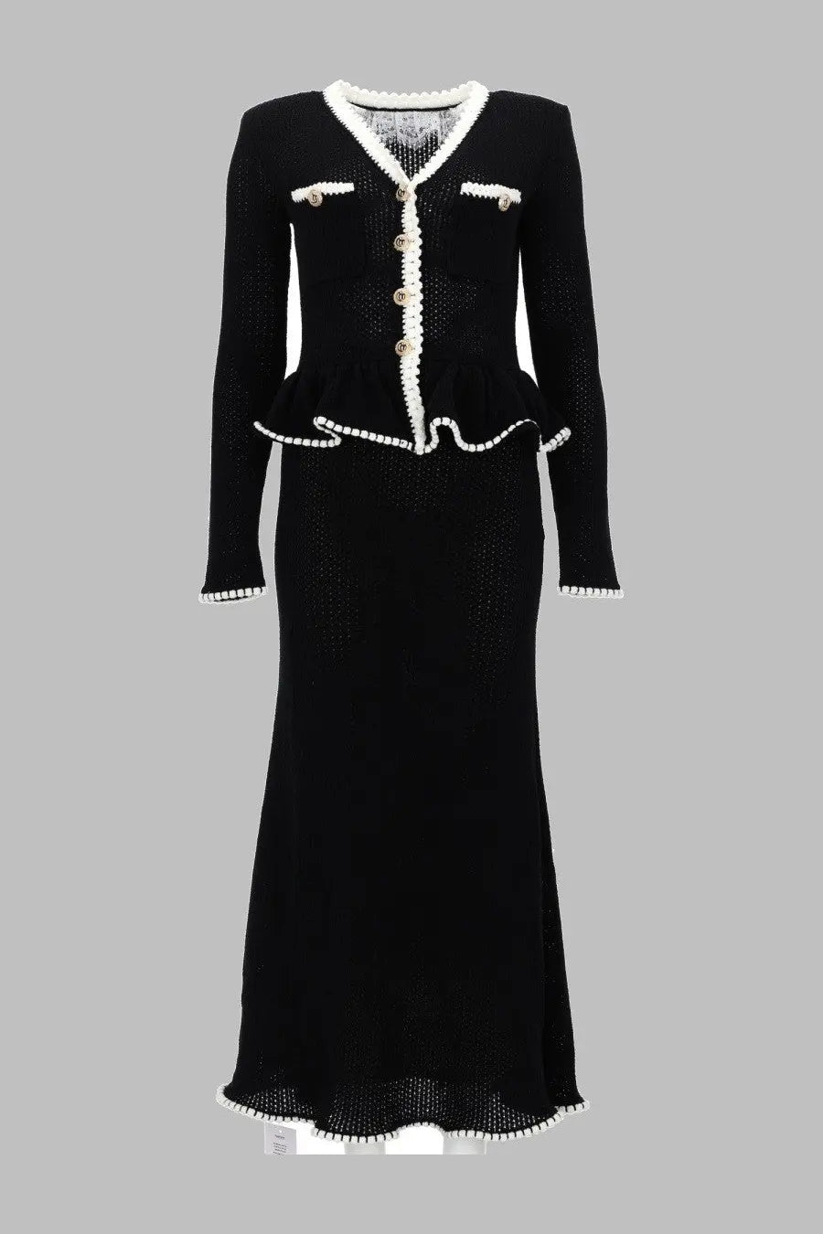 Black chanel tweed cardigan with white pearl trim and gold-tone buttons in self-portrait abito midi lace insert dress