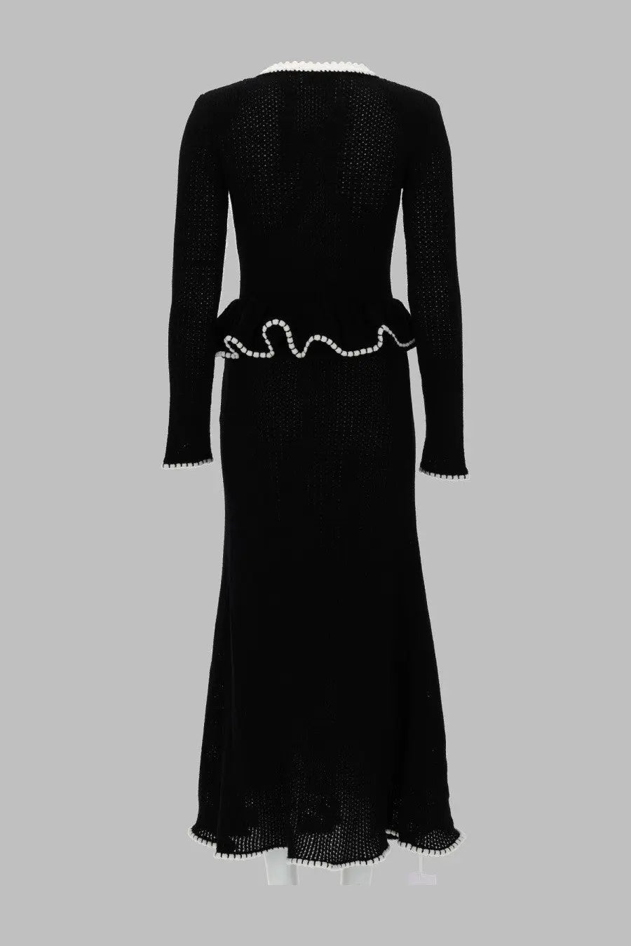 Black knitted midi dress by self-portrait with white pearl embellishments on neckline waistband and hem